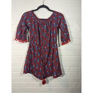 THML Women's Red Blue Pom Pom Romper Boho Size L